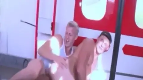 Two exhibitionists sodomize each other on a subway train